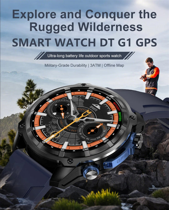 Outdoor GPS smartwatch with rugged black case, orange analog-style face, and blue accents against a mountain wilderness background