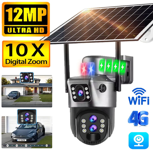 GPS solar powered outdoor security camera with dual lens PTZ design, built in solar panel, 12MP Ultra HD imaging, 10X digital zoom, WiFi and 4G connectivity