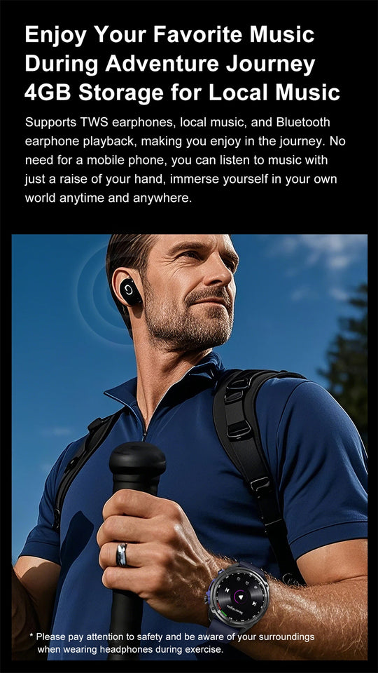 Promotional graphic showing a man wearing a GPS smartwatch and wireless earbuds during an outdoor adventure, with 4GB music storage messaging