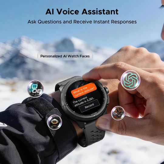 DOOGEE Anymoving M1 Pro smartwatch displaying an AI voice assistant on a wrist during an outdoor mountain adventure, with personalized watch faces visible