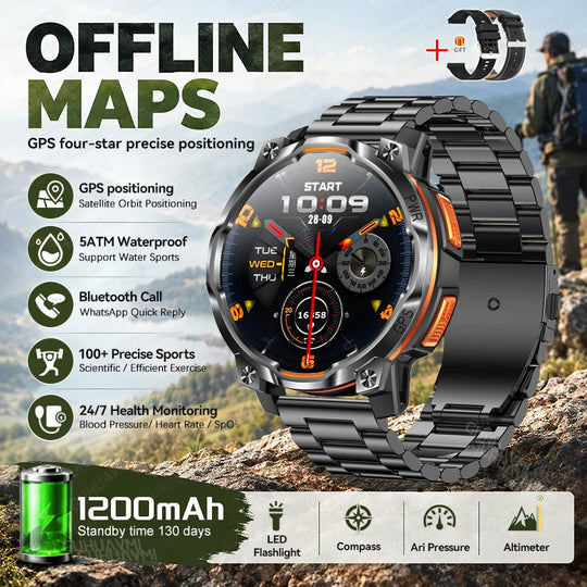Tactical GPS smartwatch with offline maps, 5ATM waterproofing, Bluetooth calls, health tracking, 1200mAh battery, flashlight, compass and altimeter