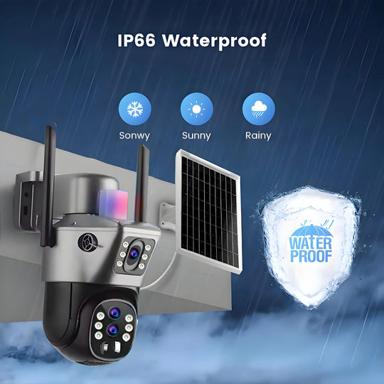 GPS solar-powered outdoor security camera with three lenses and attached solar panel shown in rain, highlighting IP66 waterproof protection