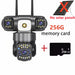 GPS three lens outdoor security camera with built in lights and dual antennas shown beside a 256 GB memory card and a no solar panels notice