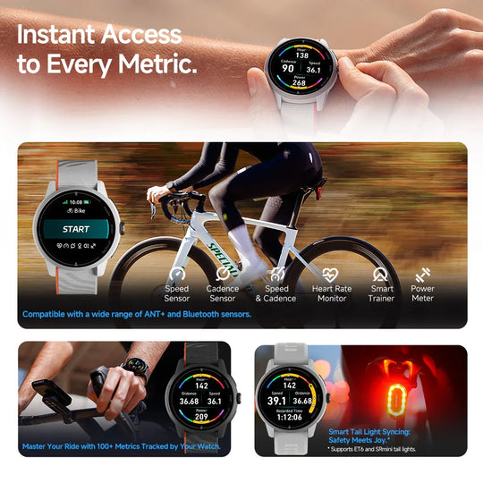 GPS VeRun outdoor sports watch infographic showing cycling metrics, heart rate monitoring, smart trainer and smart tail light connectivity