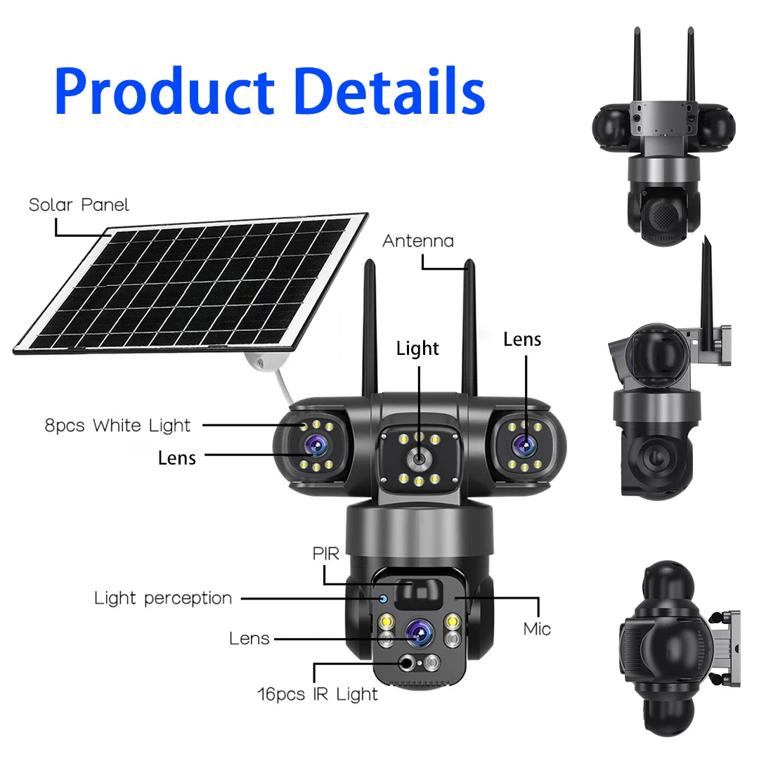 GPS outdoor solar security camera product details diagram showing triple lenses, solar panel, antennas, white and infrared lights, PIR motion sensor, and microphone
