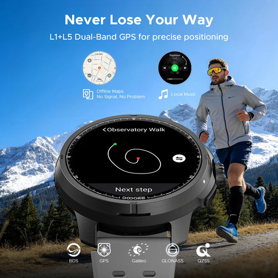 DOOGEE M1 Pro smartwatch displaying a navigation route with dual band GPS offline maps and local music over a mountain trail