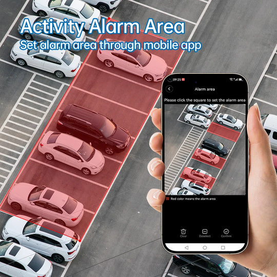 GPS security camera app on a smartphone showing a red activity alarm area marked around parked cars for outdoor surveillance monitoring