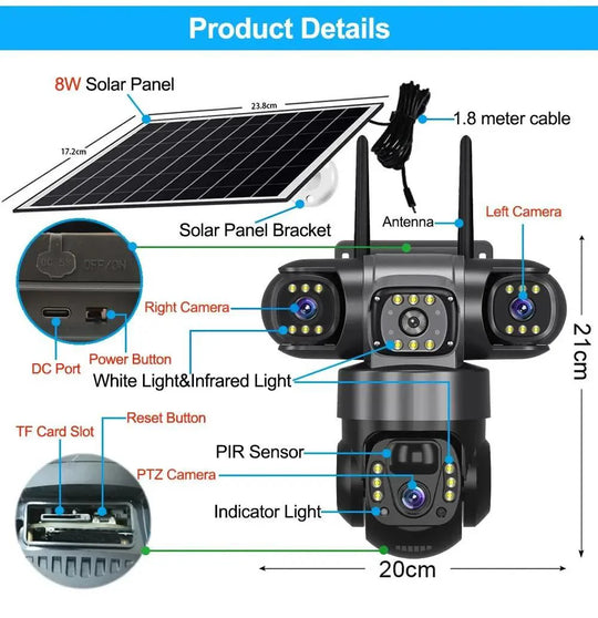 Product details diagram of GPS solar security camera with three lenses, PIR sensor, 8W panel, 1.8 meter cable, and labeled 20 cm by 21 cm dimensions