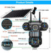 Product details diagram of GPS solar security camera with three lenses, PIR sensor, 8W panel, 1.8 meter cable, and labeled 20 cm by 21 cm dimensions