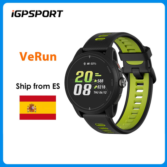 iGPSPORT VeRun outdoor GPS sports watch with black and lime green strap, digital display, and Spain shipping flag