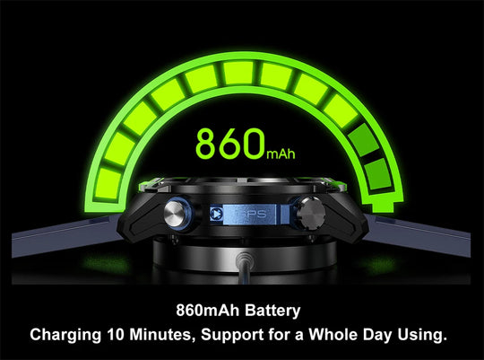 Battery charging infographic showing a rugged GPS smartwatch with an 860mAh battery and 10 minute charging for all day use