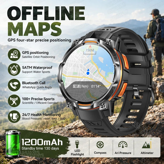 GPS tactical smartwatch with offline maps, GPS positioning, 5ATM waterproofing, health monitoring, flashlight and 1200mAh battery