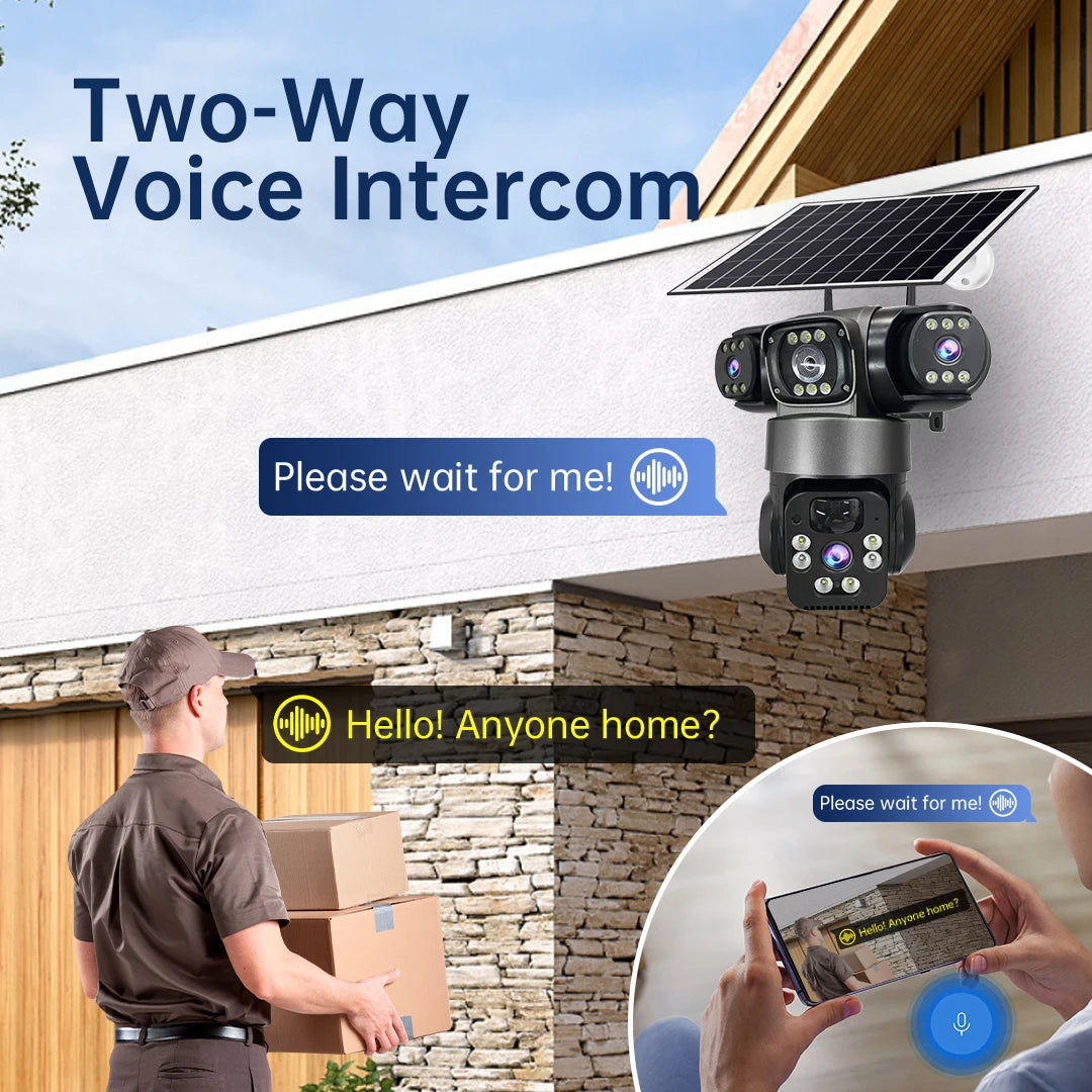 GPS solar powered outdoor security camera with triple lenses and two way voice intercom shown monitoring a delivery person through a mobile app