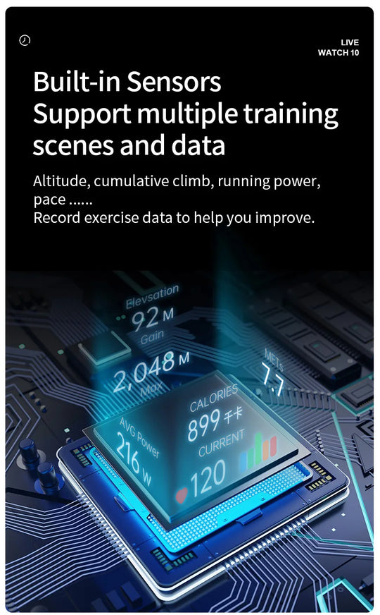 Infographic showing built-in sensors tracking altitude, cumulative climb, running power, pace, calories, and current training data for outdoor exercise