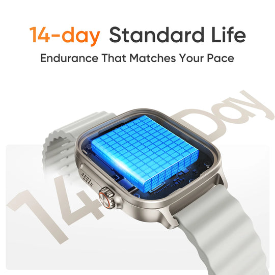 Realme Watch 5 smartwatch with blue battery graphic and gray strap promoting 14 day standard battery life