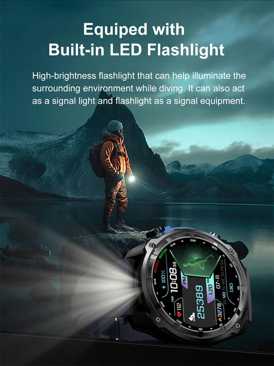 GPS outdoor military smartwatch with built in LED flashlight shining across a mountain lake beside a hiker at dusk