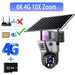 GPS 4G solar outdoor security camera with mounted solar panel, PTZ dual lens housing, infrared LEDs, 10X zoom, 6K label, and 32 GB memory card icon