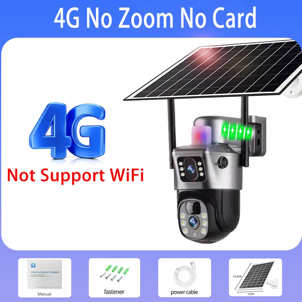 GPS 4G outdoor solar security camera with a large solar panel, dual visible lenses, mounting hardware, power cable and manual, shown in a promotional graphic stating no WiFi support