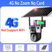 GPS 4G outdoor solar security camera with a large solar panel, dual visible lenses, mounting hardware, power cable and manual, shown in a promotional graphic stating no WiFi support