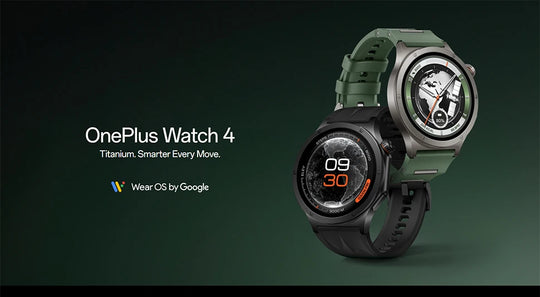 OnePlus Watch 4 smartwatch shown in digital and analog watch face views with dark green straps
