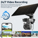GPS outdoor surveillance camera with dual lens PTZ housing beneath a solar panel, smartphone monitoring screen, and 24 hour video recording feature