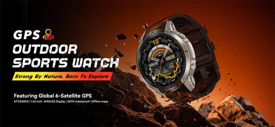Promotional image of a rugged GPS outdoor sports smartwatch with black strap, round display, and outdoor mountain background