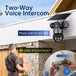 GPS solar outdoor security camera with three lenses, mounted above a home, featuring two way voice intercom with a delivery person and smartphone user