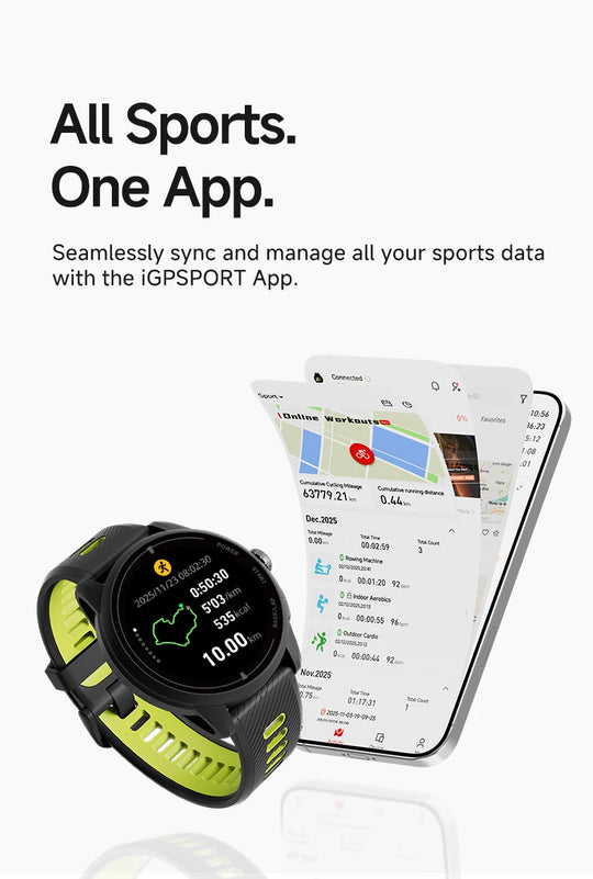 Black and lime iGPSPORT GPS sports watch beside a smartphone displaying the sports tracking app with maps and activity data