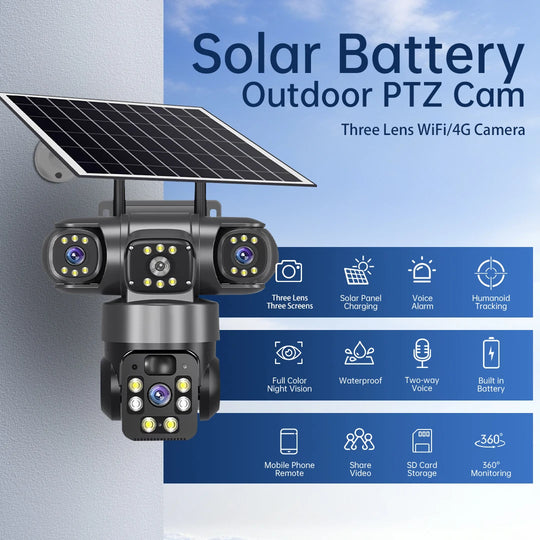 GPS solar battery outdoor PTZ security camera with three lenses, solar charging panel, night vision, waterproof housing, two way audio and 360 degree monitoring