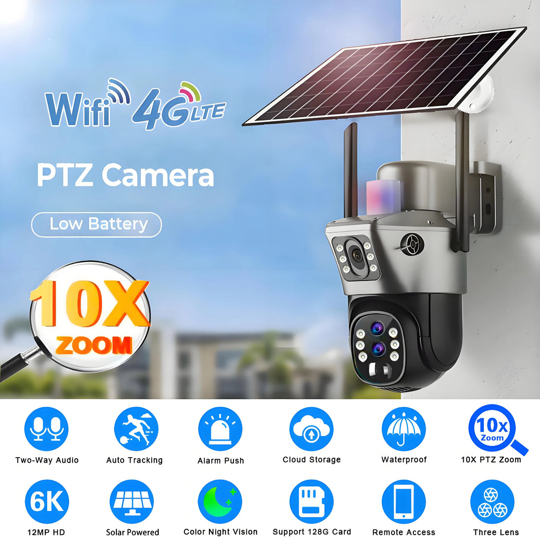 GPS solar powered 4G LTE PTZ security camera with three lenses beneath a solar panel featuring 10x zoom two way audio and color night vision