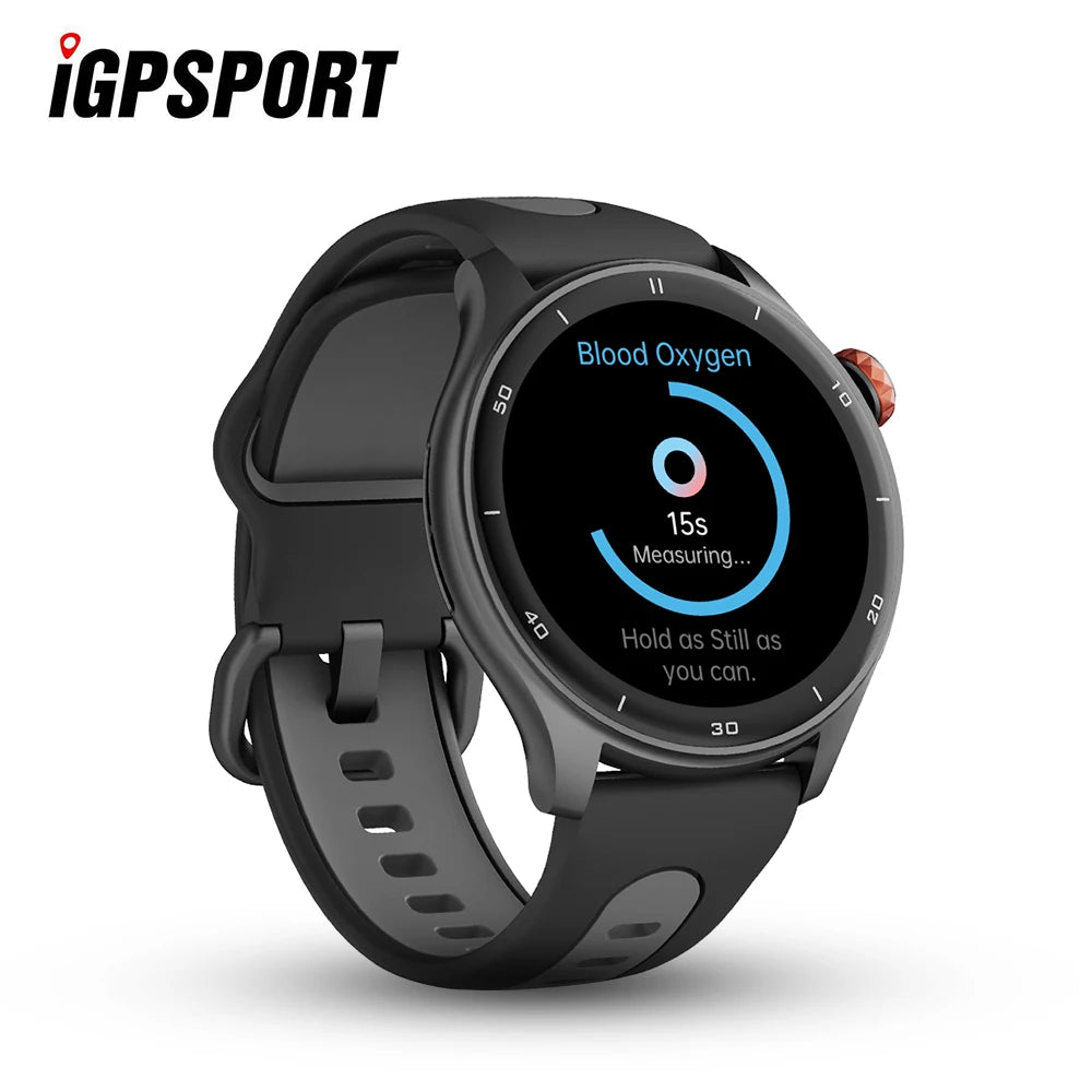 iGPSPORT GPS Fitness Tracking Smartwatc with blood oxygen measurement feature on a white background, branded 'iGPSport'.